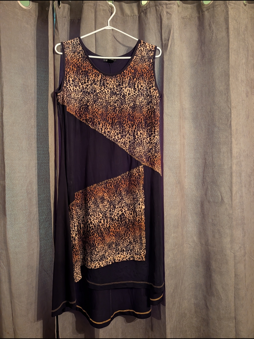 Sleeveless Animal Print Panel Midi Dress - Black & Brown